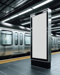 Blank advertising billboard in a modern subway station with a moving train in the background, ideal mockup space for urban advertising, branding, or commercial promotions

