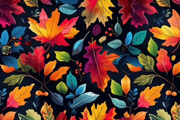 Vibrant Jewel-Toned Fall Leaves Seamless Border Design