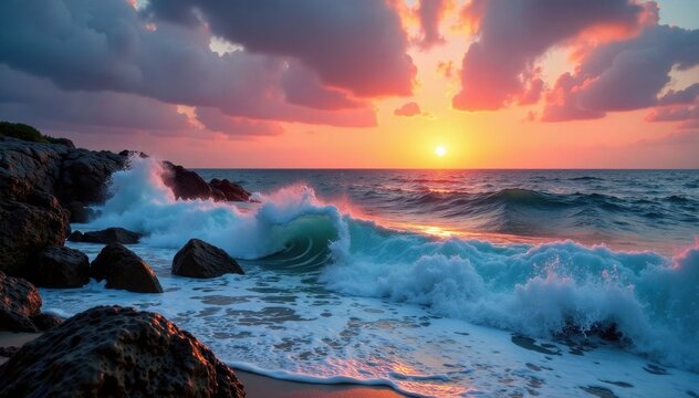 Waves crashing against a rocky shore at sunset, boat dock, rocky coast, ocean waves