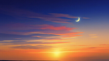 Vibrant Ramadan Sunset with Crescent Moon and Wispy Clouds - Background Wallpaper