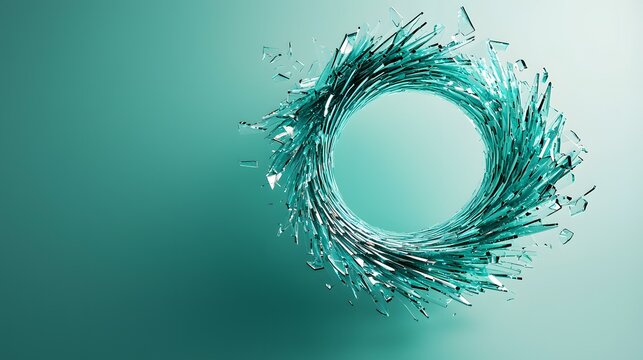 The image contains a visually striking circular arrangement of shattered teal-colored glass shards, creating a dynamic and abstract design element against a muted teal background.