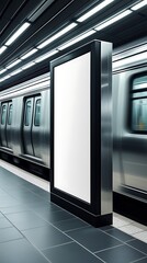 Blank advertising billboard in a modern subway station with a moving train in the background, ideal mockup space for urban advertising, branding, or commercial promotions

