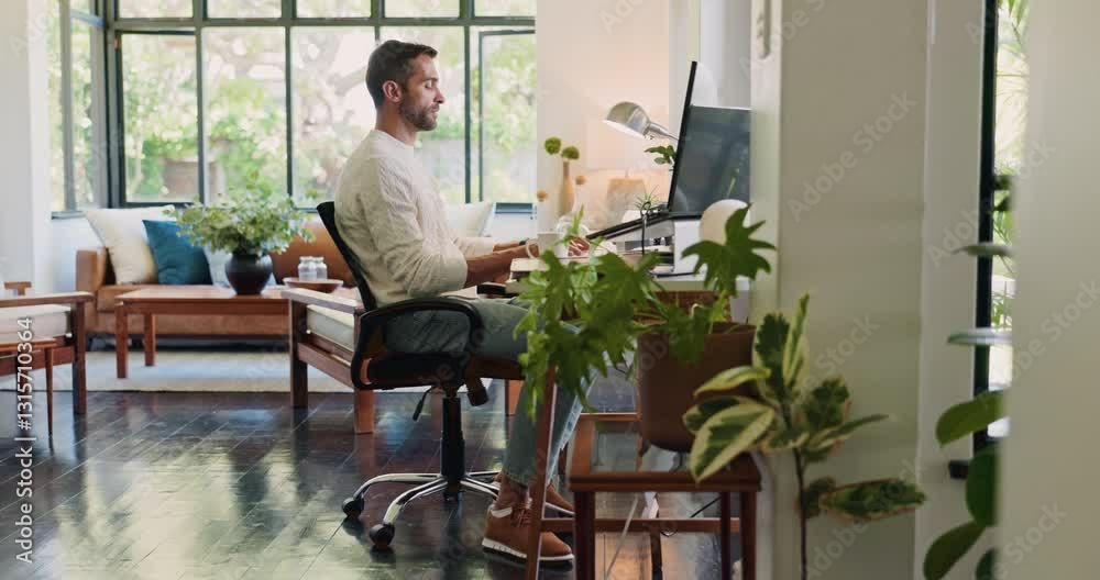 Poster computer, reading and typing with man in home office for remote work or startup business. administra