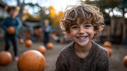 Happy child smiling joyfully in outdoor playground surrounded by orange balls during autumn sunset