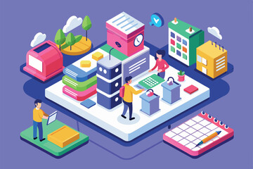 Fototapeta premium Two users interact with customizable reminders in a colorful isometric workspace designed for productivity, Reminders Customizable Isometric Illustration