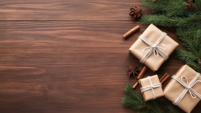 Wrapped gifts, cinnamon sticks, and pine branches on a wooden table - Powered by Adobe