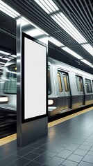 Blank advertising billboard in a modern subway station with a moving train in the background, ideal mockup space for urban advertising, branding, or commercial promotions


