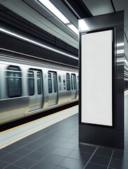 Blank advertising billboard in a modern subway station with a moving train in the background, ideal mockup space for urban advertising, branding, or commercial promotions

