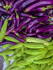 Vibrant Purple Eggplants and Fresh Green Bitter Melons at Market: A Colorful Harvest Bounty