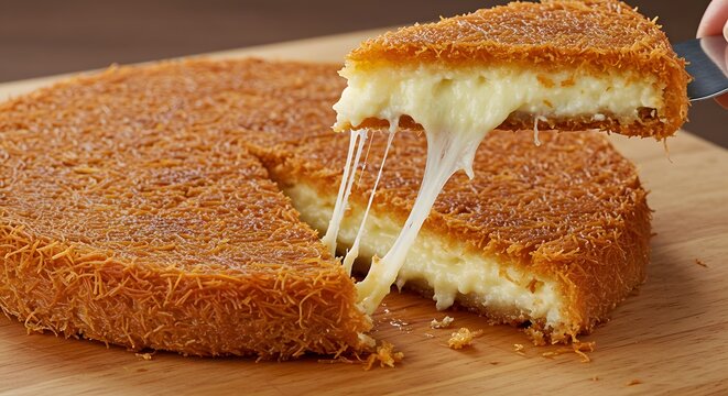 Delicious creamy knafeh cheese pastry dessert sweet treat golden brown food arab cafe dish meal baked