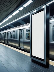 Blank advertising billboard in a modern subway station with a moving train in the background, ideal mockup space for urban advertising, branding, or commercial promotions


