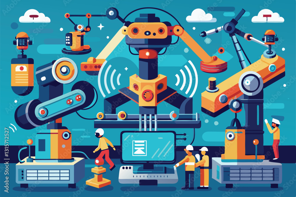 Poster several robotic arms are programmed and controlled in a vibrant tech workshop environment, remotely 