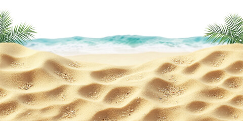 Realistic Beach Sand with Ocean Waves and Palm Leaves, Tropical Summer Background, Transparent
