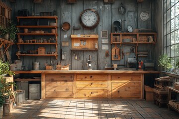 A professional woodworking workshop with various tools, including a clock, a potted plant, and a cup, as the main focus of the image.