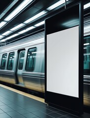 Blank advertising billboard in a modern subway station with a moving train in the background, ideal mockup space for urban advertising, branding, or commercial promotions

