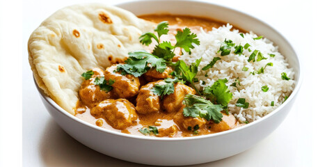 Creamy Indian butter chicken with naan and basmati rice garnished with cilantro