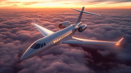 Luxurious Private Jet Soaring Above Clouds at Sunset with Vibrant Sky and Golden Light