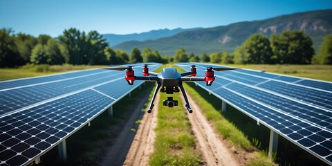A drone flying over rows of solar panels in a green energy farm on a sunny day, showcasing modern technology and renewable energy for environmental sustainability

