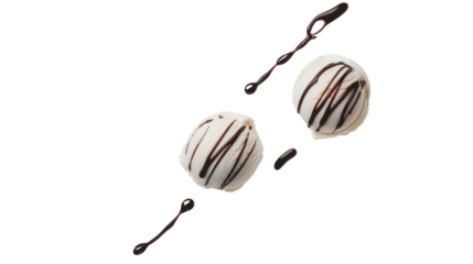 Delicious vanilla ice cream scoops covered in chocolate sauce on transparent background