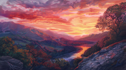 Fototapeta premium landscape of a mountain range at sunset, every stone and tree finely detailed with intricate colored pencil strokes.