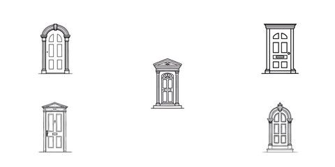 Elegant front door set in black and white. flat drawing. a white backdrop.
