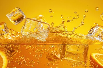 Refreshing Citrus Drink with Ice Cubes and Bright Yellow Background