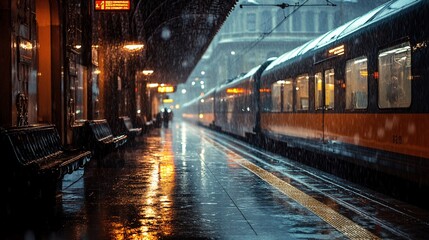 Obraz premium Thrilling Dance of Trains Amidst Raindrops: An Atmospheric Experience