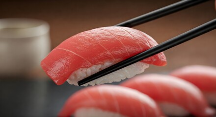 Chopsticks Holding Tuna Nigiri Sushi with Blurred Background, Generative AI