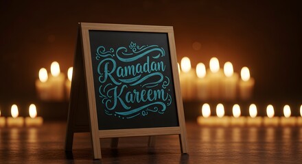 Ramadan kareem chalkboard sign with warm candlelight background art hope dark text wood teal blue
