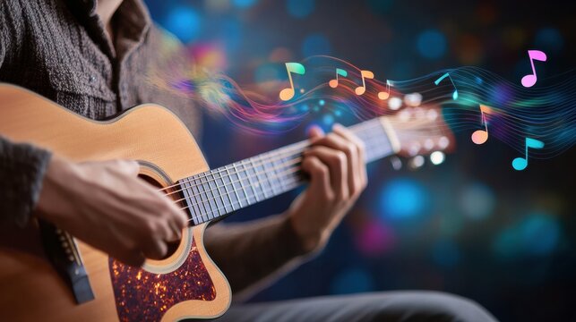 A realistic photo of a musician playing a guitar, hands strumming. Floating vector icons of musical notes, and a sound wave,