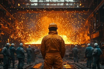 A metallurgy factory scene with molten metal being poured. Industrial machinery and workers are visible in the background.