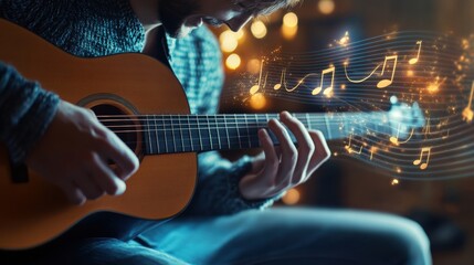 A realistic photo of a musician playing a guitar, hands strumming. Floating vector icons of musical notes, and a sound wave