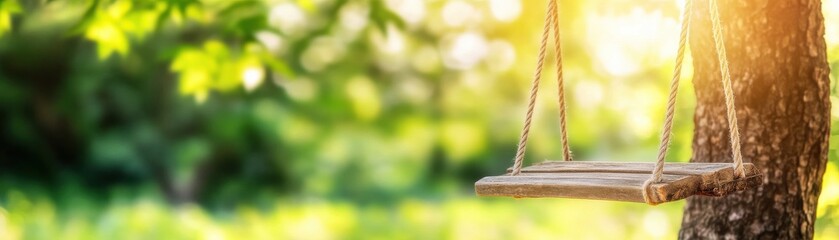 Obraz premium A serene wooden swing hangs from a tree, surrounded by lush greenery and warm sunlight, evoking a peaceful, nostalgic vibe.