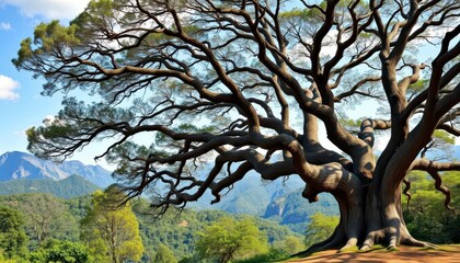 Ancient oak dominates vista, majestic mountain backdrop, tranquil, rock