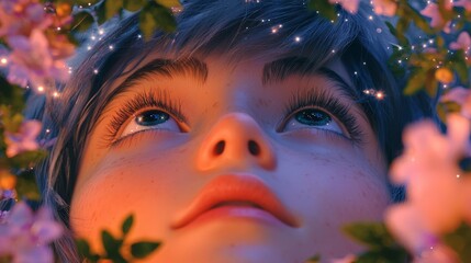 Dreamy Child Surrounded by Flowers and Stars  AI Art