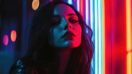 Woman with dark hair in neon light background creating vibrant mood