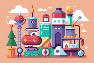Naklejka premium A vibrant arrangement of imaginative buildings and objects set against a playful background, Report Customizable Disproportionate Illustration