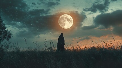 Solitary Figure in a Mystical Night Field