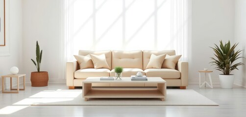 Beige and white sofa in bright minimalist living room, home, elegance