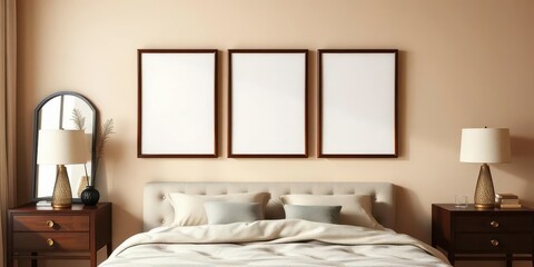 Beige bedroom wall with dark wood framed brown wall art mockup, house, simple