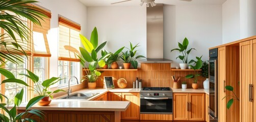 Bamboo kitchen cabinets, tropical plants, vibrant colors, sunlight,  modern,  paradise