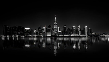 Obraz premium Black and white silhouette of city skyline reflected in still water at night, tranquil, modern