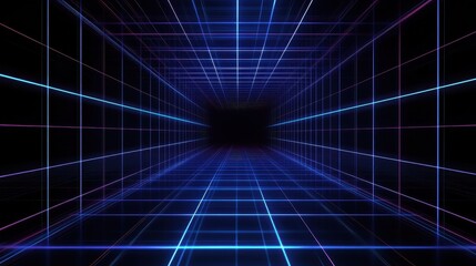Fototapeta premium Neon Grid Tunnel with Glowing Lines in Dark Background