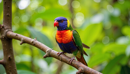 Naklejka premium Vibrant tropical bird perched on branch in rainforest, nature's beauty