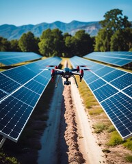 A drone flying over rows of solar panels in a green energy farm on a sunny day, showcasing modern technology and renewable energy for environmental sustainability

