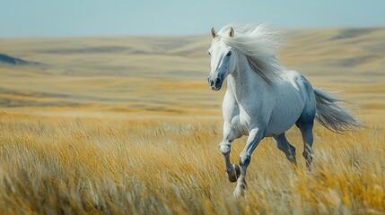 White horse galloping across golden field, nature background, freedom concept