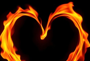 Bright heart-shaped flame against dark background, fiery and intense, light, heat