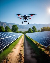 A drone flying over rows of solar panels in a green energy farm on a sunny day, showcasing modern technology and renewable energy for environmental sustainability

