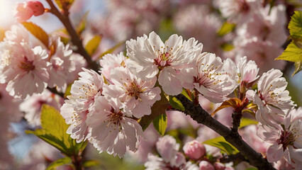 Fototapeta premium Close-up of cherry blossom branches with vibrant pink flowers. Spring beauty