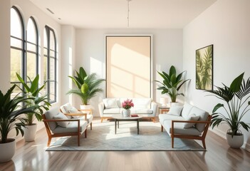 Bright, elegant minimalist salon with natural elements, sophisticated, minimalism